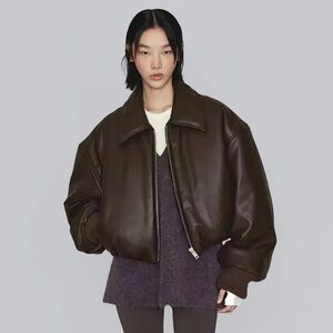 Brown Faux Leather Bomber.